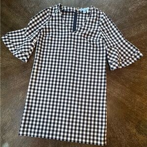 Gingham V-Neck Shift Dress with Flutter Sleeves - Blue & White
